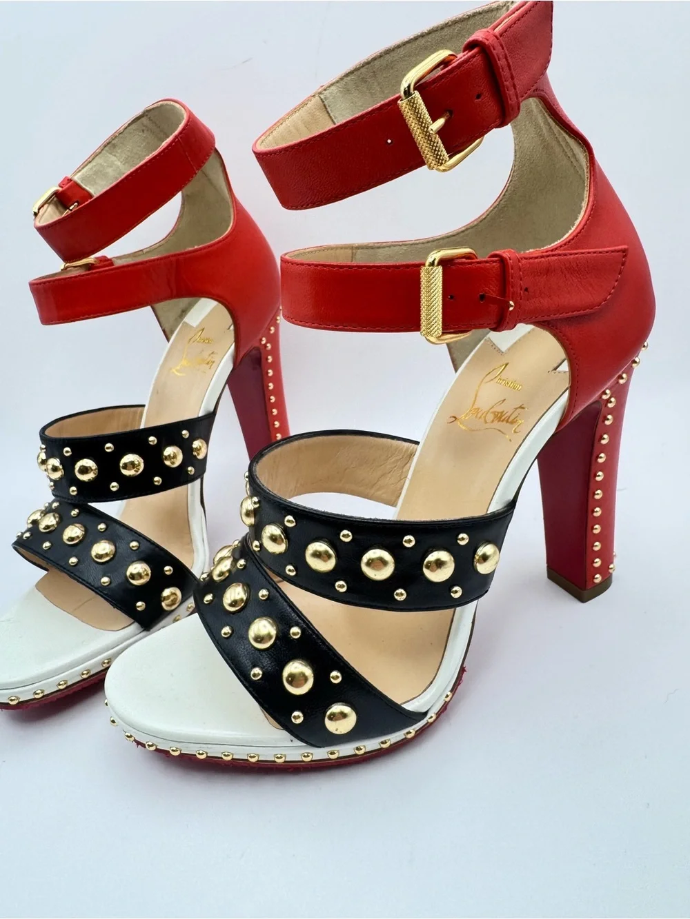 Christian Louboutin Decodame 120 Studded Red Black White Platform Sandals Sz 36